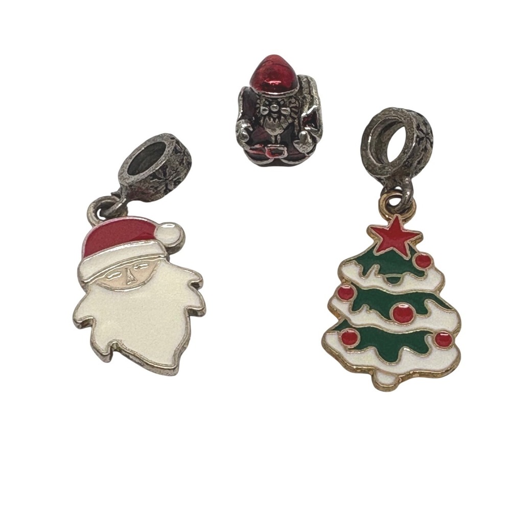 Christmas Holiday Charm Set Santa Claus Christmas Tree Enamel Slider Beads 3pc